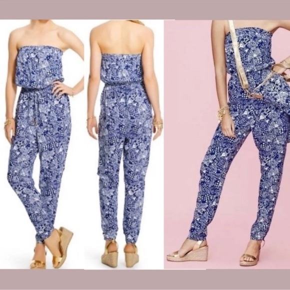 Lilly Pulitzer for Target Pants - Lilly Pulitzer Target Blue White Strapless UpStream Fish Print Jumpsuit Size 1X